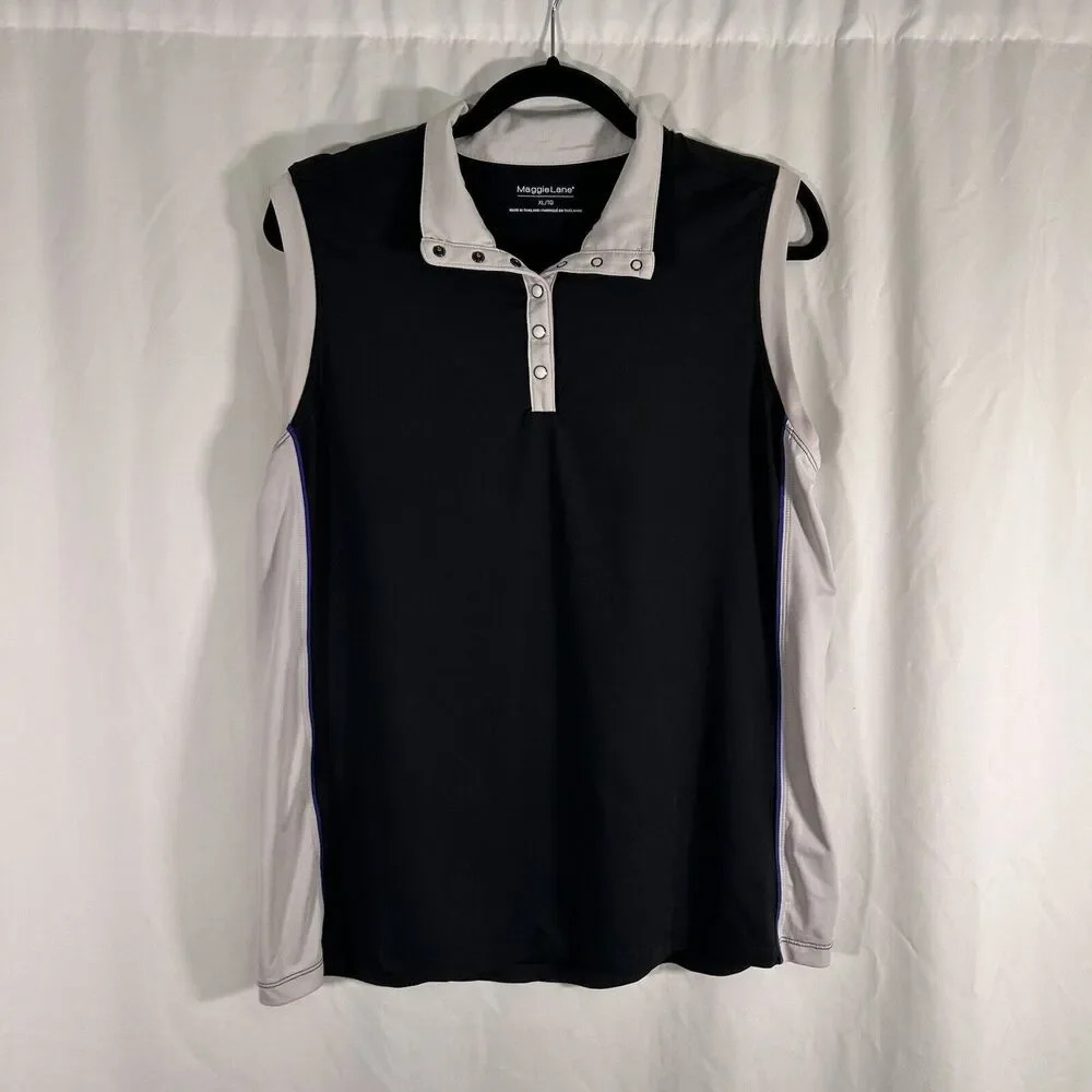 Maggie Lane Golf Tank Top Women's XL Black Pearl Snap Sleeveless Mock Neck